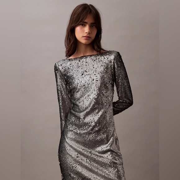 Calvin Klein Silver Sequin Embellished Midi Dress - Dark Grey - Size Small - NWT - Picture 3 of 9